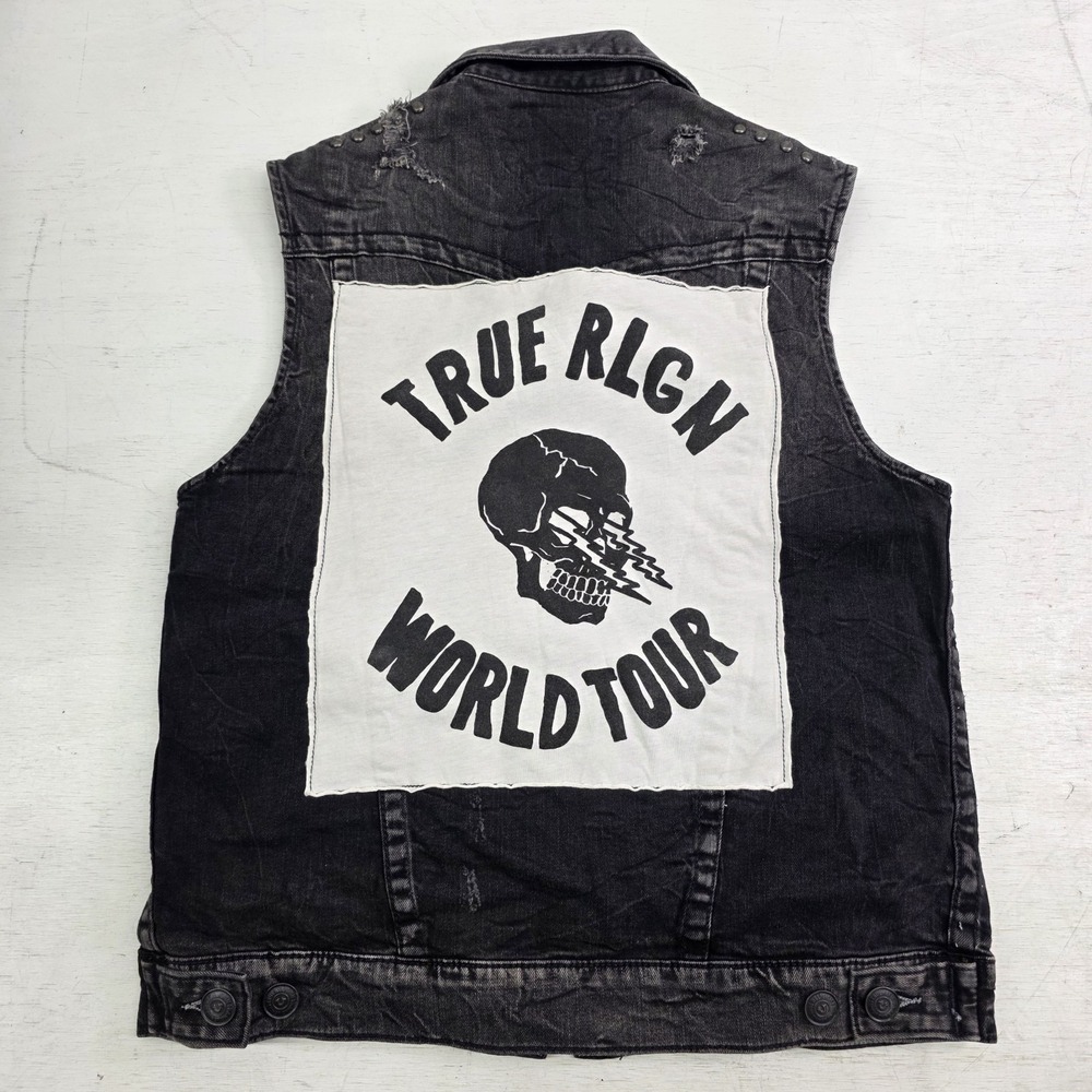 True Religion Distressed Jimmy Western Denim Vest Jacket Black Concrete Men's S - Picture 8 of 16